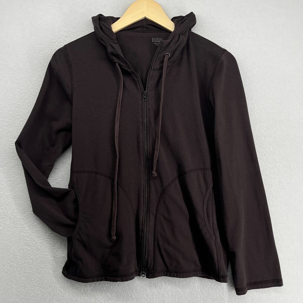 EILEEN FISHER Jacket XS Organic Cotton Stretch Jersey Hoodie Full Zip Brown USA
